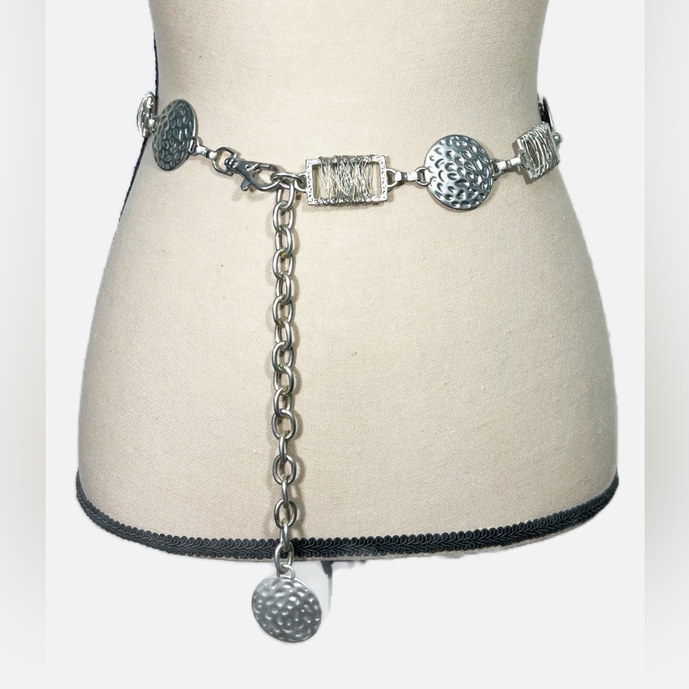 Vintage Modern Cowgirl Silver Hammered Metal Concho Woven Wire Belt One Size XL
